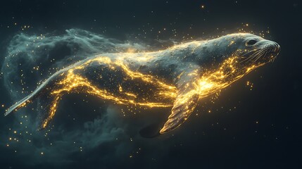 Fototapeta premium Digital Illustration Of A Glowing Seal Swimming Through A Starry Night Sky