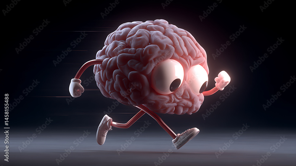 Poster 3d render of cartoon brain running with arms and legs