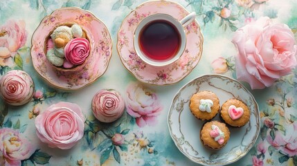 Fototapeta premium Watercolor illustration of British afternoon tea,tea break in the English style,tea set with Afternoon tea stand with macaroons and scone,cake,cup of tea,Tea time dessert table,vintage style.