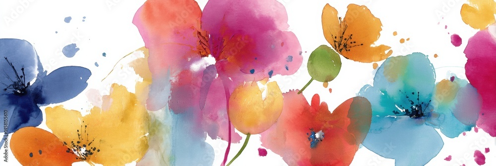 Poster watercolor splash creating an enchanting floral pattern with vibrant colors and loose brushwork in a