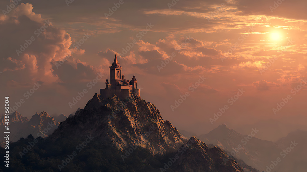 Poster a castle on top of a mountain with a sunset in the background