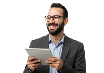 Smiling Businessman Presenting on Tablet Portrait Happy Professional Digital Display