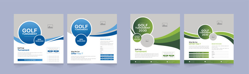 Set of Golf Tournament Social Media Banner Template – Modern Square Layout Design for Instagram, Facebook,  Sports Event Promotion