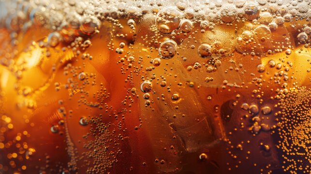 Close up of a refreshing beverage with ice cubes and bubbles creating a fizzy sensation in a glass