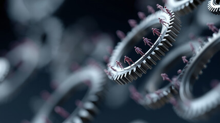 Cogwheel Gears and Tiny Humans: A fascinating visual of intricate gear mechanisms with minuscule figures, representing interconnectedness, teamwork, and collaborative effort in a modern-day setting.