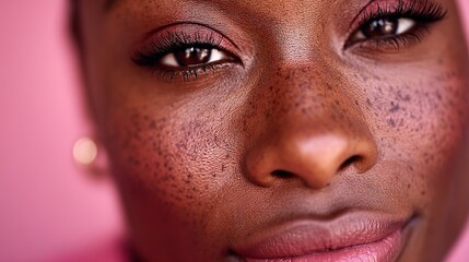 Close-up view of vibrant skin texture showcasing freckles and expressive eyes against a soft pink backdrop highlighting beauty and individuality in modern portrait photography