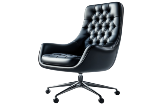 Elegant black leather office chair button tufted design chrome base sleek modern style isolated on black on transparent background - Powered by Adobe