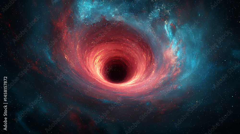 Poster a mesmerizing black hole with vibrant red and blue swirls in outer space