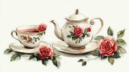 Watercolor illustration of British afternoon tea,tea break in the English style,tea set with Afternoon tea stand with macaroons and scone,cake,cup of tea,Tea time dessert table,vintage style.