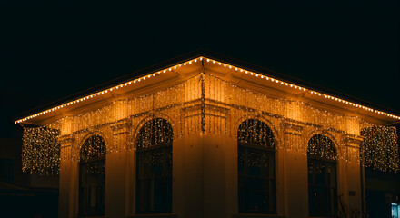 Fototapeta premium Cozy Building with Warm Yellow Christmas Lights at Night