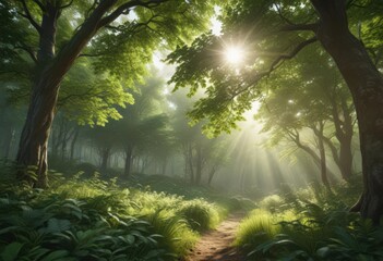 Lush green forest with sunlight dappling through leaves, summer, wild, branch