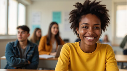 College Student Portrait – Confident African American Female in Modern Classroom for College Admissions, Educational Marketing, and Academic Success Stories