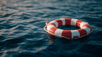 Naklejka premium A red and white life preserver floating on calm blue waters