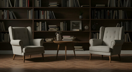 Cozy Reading Nook with Stylish Armchairs and Bookshelves