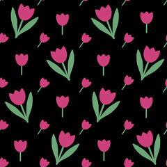 Tulips seamless pattern. Hand drawn flat pink tulips with leaves scattered on black background. Naive floral allover raster backdrop