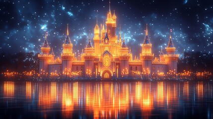 Fototapeta premium Fantasy palace reflection over water high resolution image