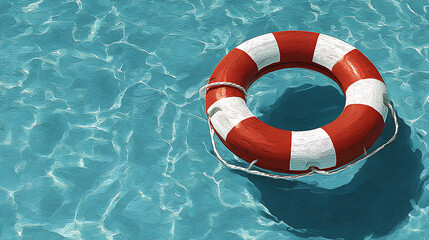 Naklejka premium A red and white life preserver floating on calm blue waters