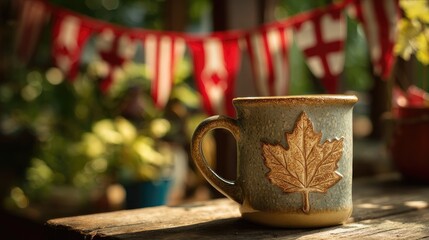 Maple leaf mug with frothy beer on rustic table, celebrating Canada Day with warmth and cheer
