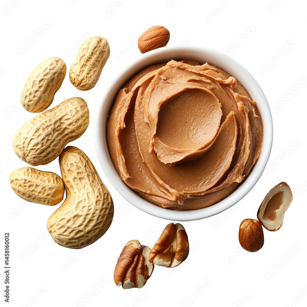 Poster delicious peanut butter spread surrounded by whole and shelled peanuts on a clean transparent backgr