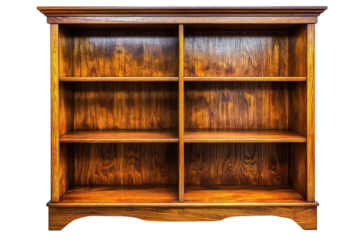 Elegant empty wooden bookcase rich dark brown tones six shelves ready for books and home decor studio on transparent background