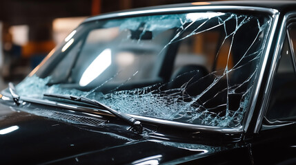 Obraz premium Close up of cracks on broken car windshield, Car accident smashed broken windshield, Road accident, Car insurance concept