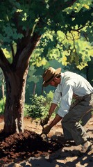 A beautiful springtime scene of workers planting cherry blossom trees