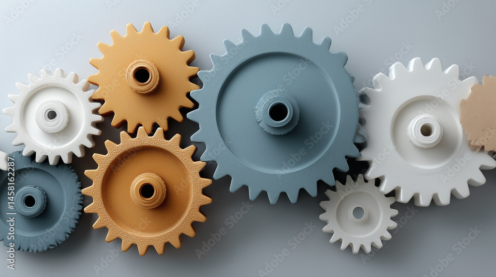 Aufkleber interlocking gears: a close-up captures the precise meshing of colorful gears, symbolizing seamless 