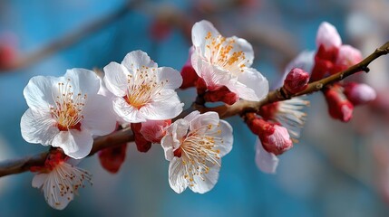Blossoming apricot tree branches with beautiful blurred sky concept. Delicate cherry blossoms bloom on a sunny spring day.