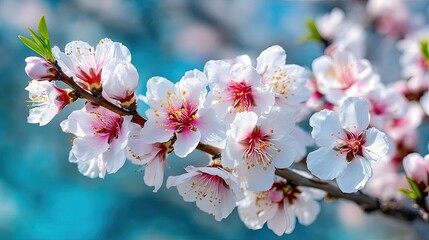 Obraz premium Blossoming apricot tree branches with beautiful blurred sky concept. Beautiful cherry blossom flowers blooming in spring season.