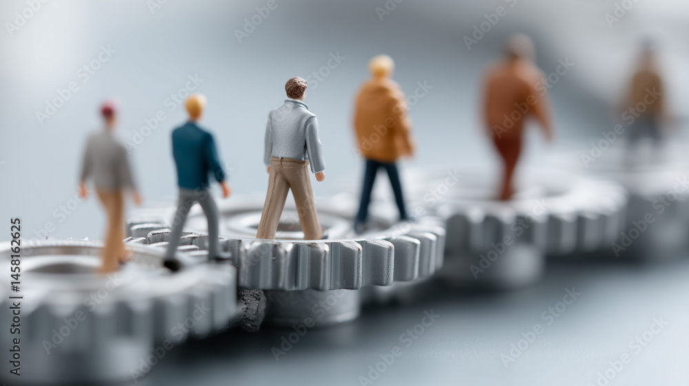 Poster gear gears in motion: a dynamic group of miniature figures confidently strides across a series of in