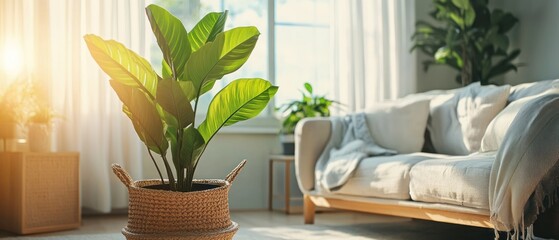 Sunlight illuminates green plant in cozy living room setting