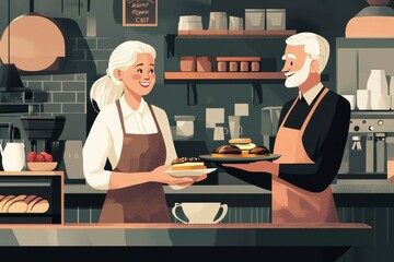 Smiling blonde waitress serves food to cheerful elderly couple in a cozy cafe setting, Smiling blonde waitress brings food for elderly couple in cafe
