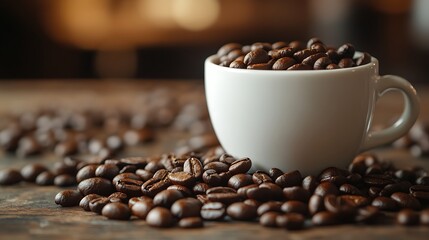 Coffee Beans in White Cup | Roasted Arabica Heap | Wooden Surface Detail | Aroma