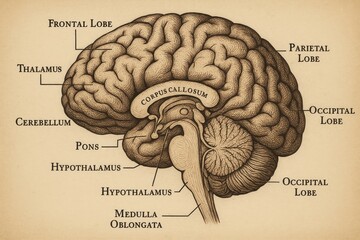 Detailed Anatomical Illustration of Human Brain Labelled with Regions
