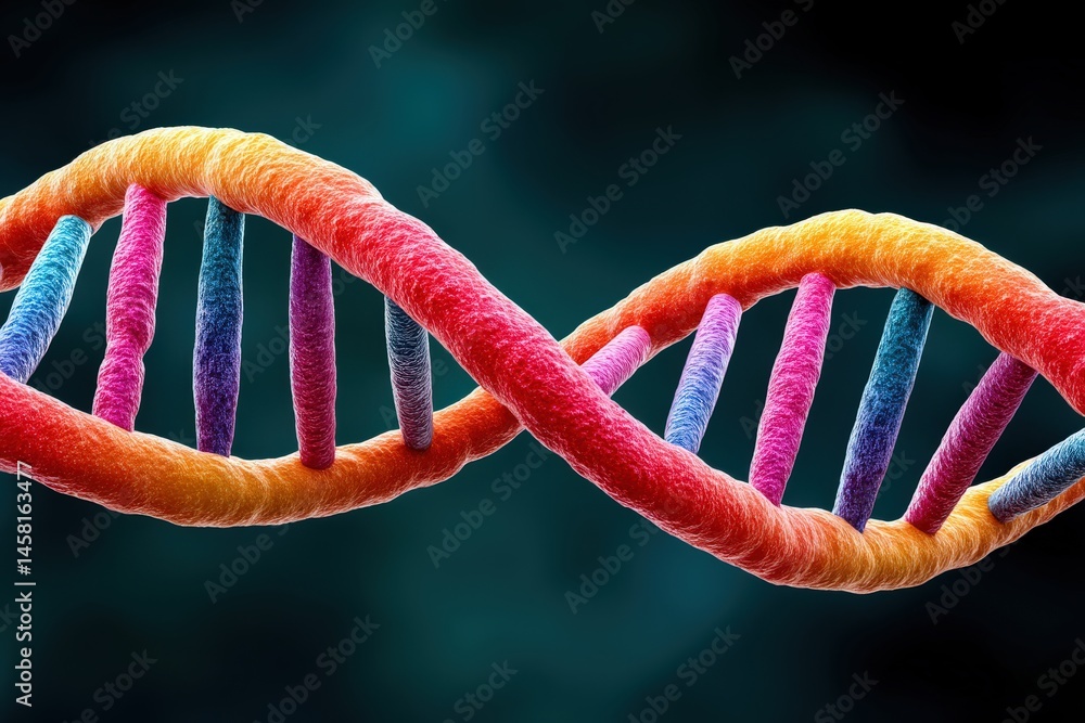 Poster vivid depiction of a colorful dna double helix structure showcasing intricate strands representing g