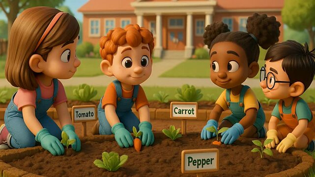 Children Planting Vegetables in Garden Patch Outdoors Cartoon Style