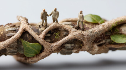 Fototapeta premium Miniature explorers discovering the wilderness: A macro shot presents small figurines navigating a natural landscape of textures, inviting viewers to embark on a journey of exploration and wonder. 