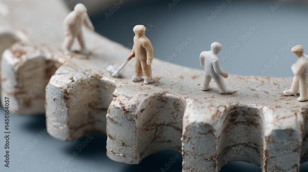 Poster miniature workers on a gear: tiny figures collaborate on a textured gear, symbolizing intricate team