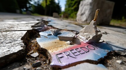 A cracked pavement with a faded "FREEDOM" stencil sprayed in graffiti 