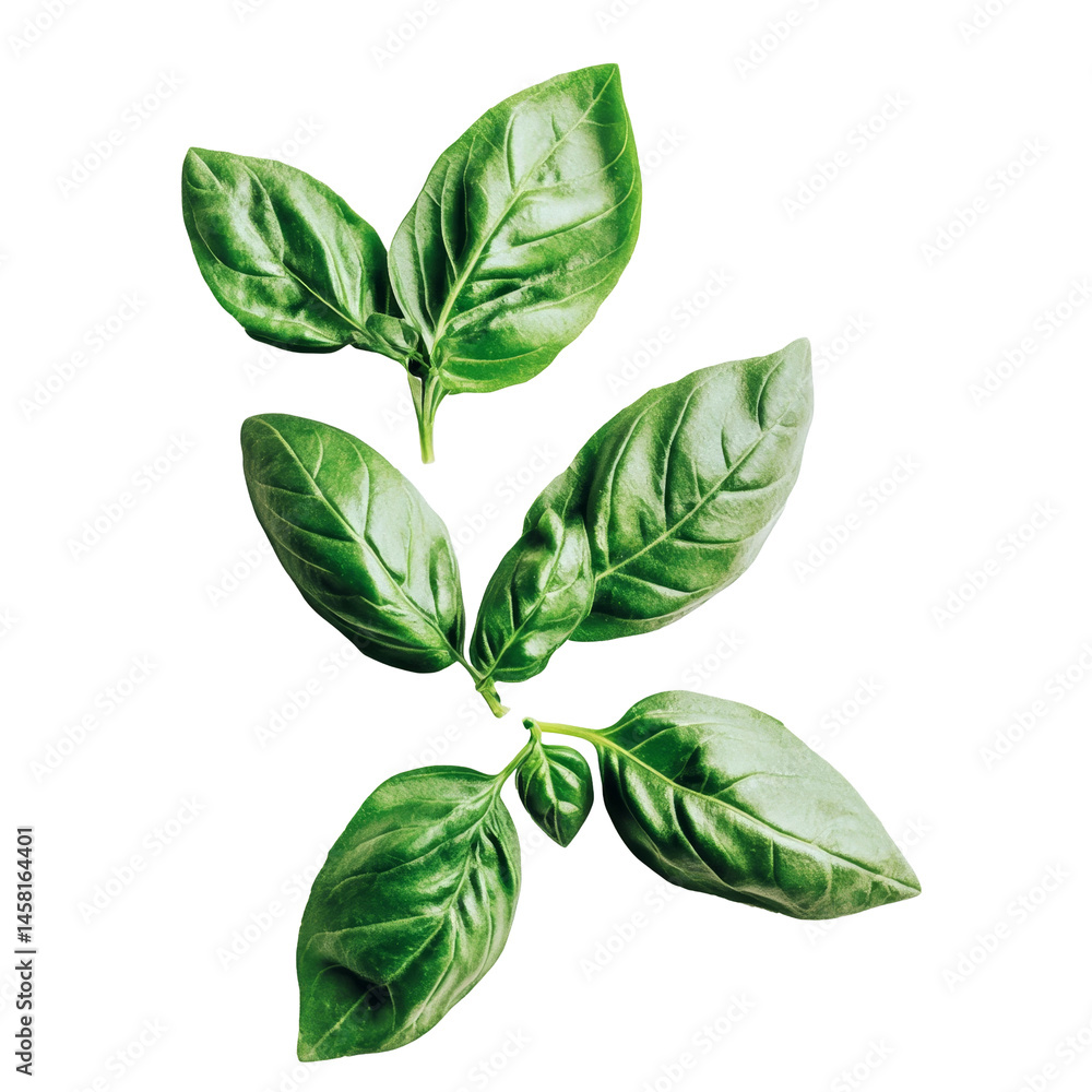 Poster fresh basil leaves arranged on a clean transparent background for culinary use and presentation, bas