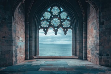 Fototapeta premium A Gothic archway reveals a serene ocean view, showcasing intricate stonework and stained glass.