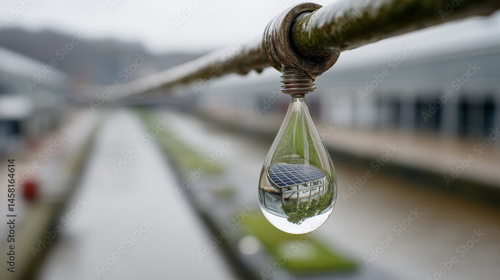 Poster a world within: a singular raindrop clings delicately to a pipe, acting as a lens that captures and 