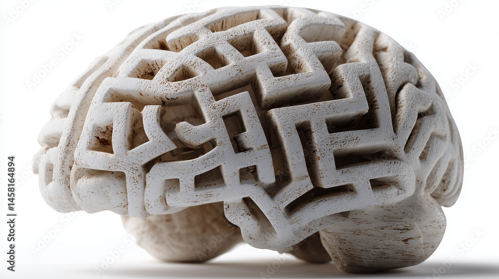 Poster brain labyrinth: an artistic representation of the human brain, intricately carved with a maze-like 