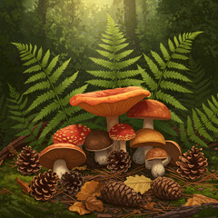 Colorful mushrooms surrounded by ferns and pinecones in a forest  