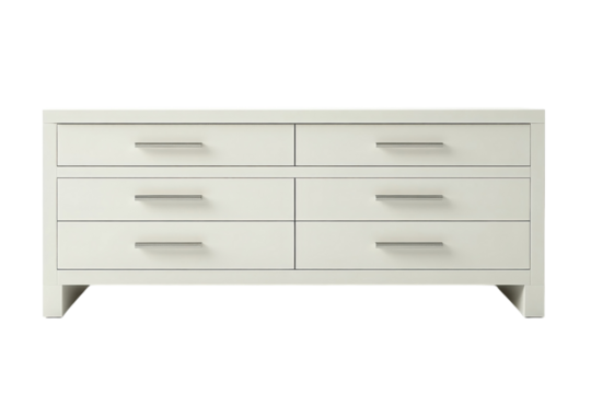 Elegant six drawer white dresser perfect for bedroom storage features sleek silver handles against a on transparent background