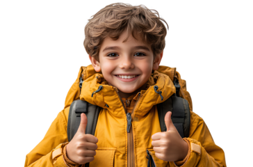 Cheerful Schoolboy in Yellow Coat, Thumbs Up, Transparent Background
