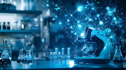 Sophisticated laboratory equipment overlaid with digital network connections.