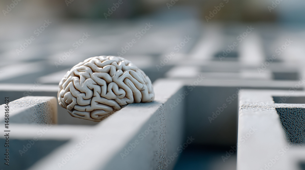 Poster brain in a maze: a human brain model navigates a complex maze, symbolizing the challenges and comple