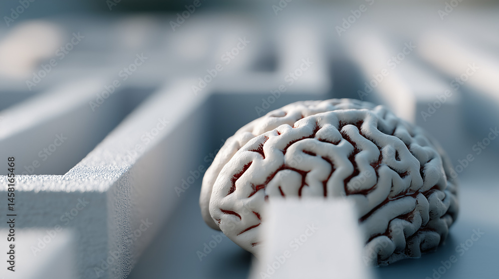 Poster mind maze: a photorealistic depiction of the human brain navigating a complex labyrinth, symbolizing