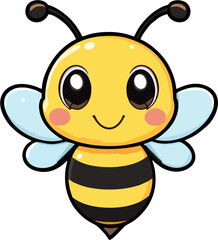 Cute Chibi Bee Cartoon Vector with Big Eyes and Blue Wings – Adorable Smiling Honeybee Clipart for Kids and Educational Use
